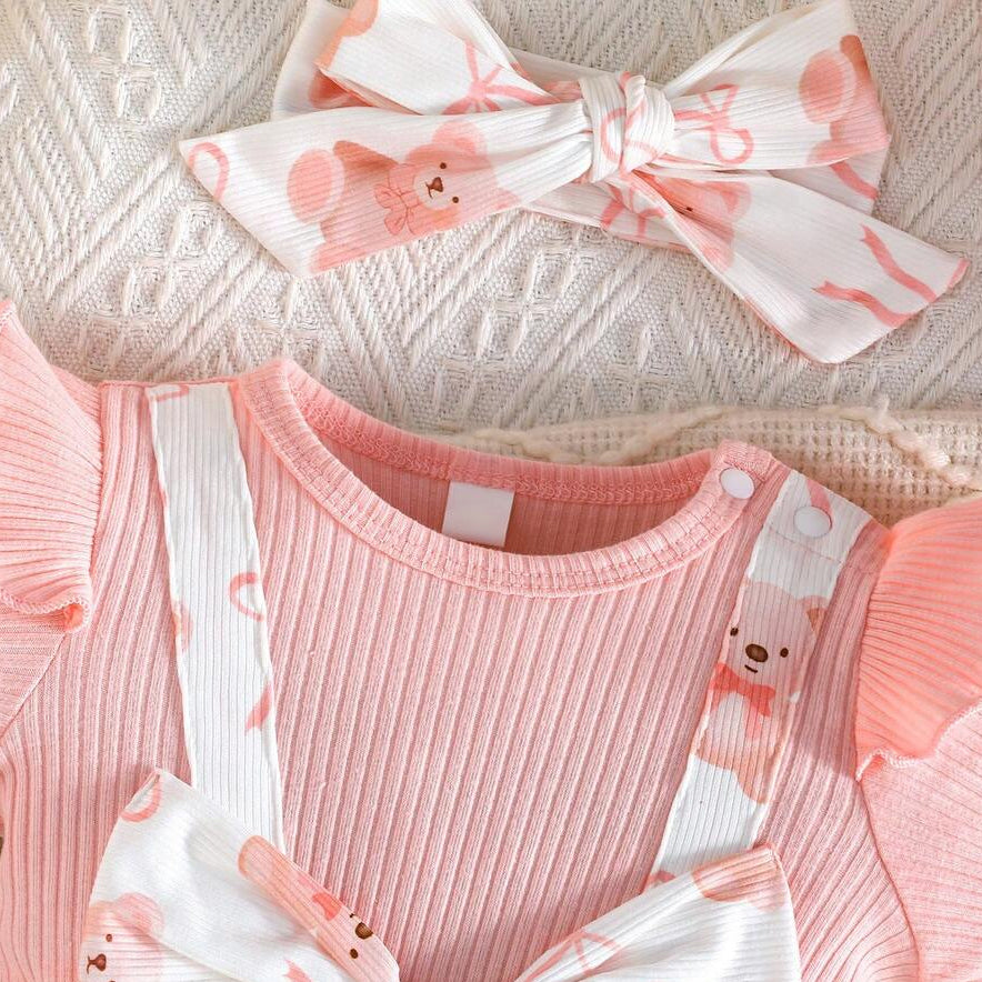 2PCS Cute Teddy Bear & Bow Print Short Sleeve Baby Jumpsuit