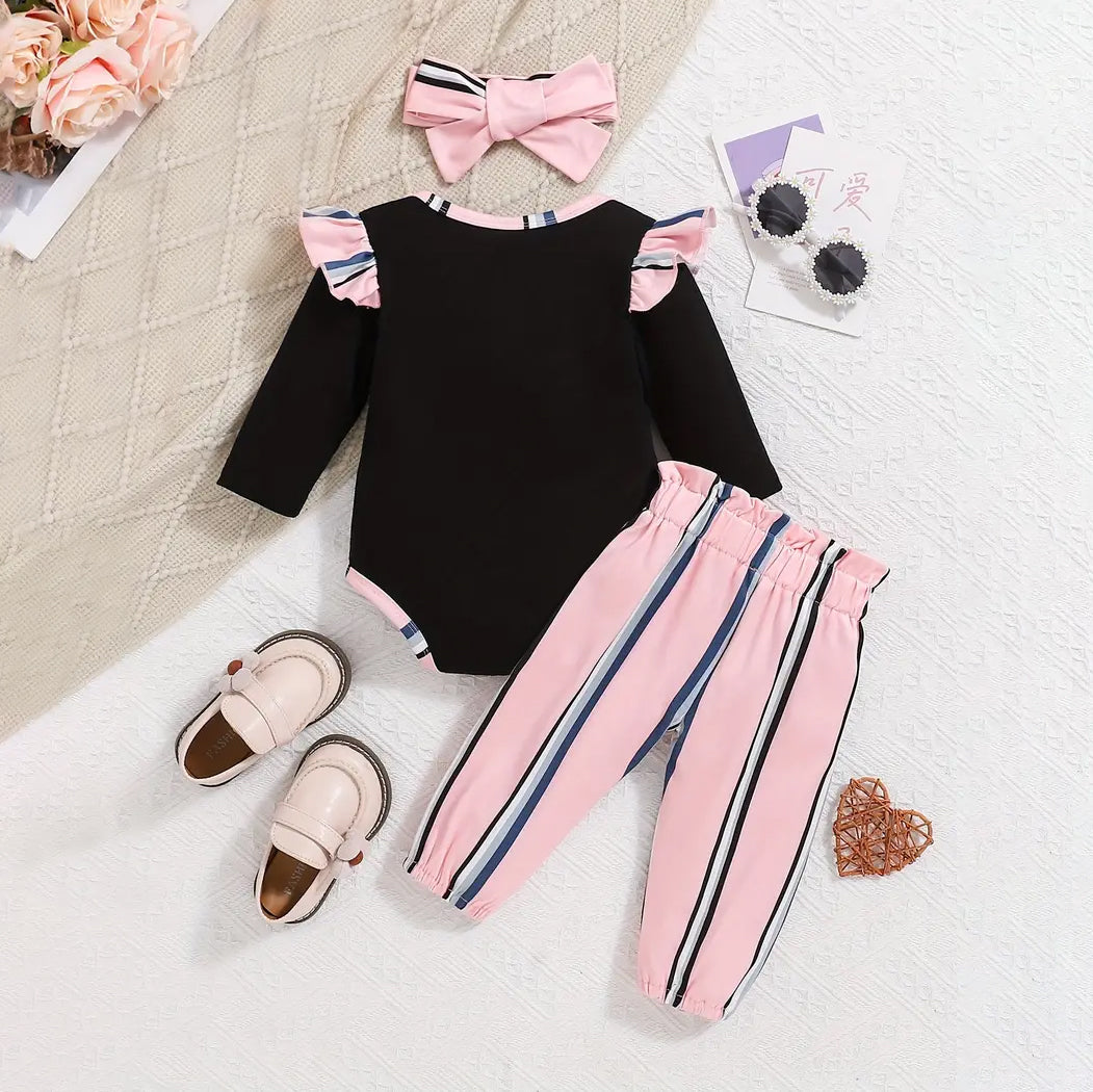 3PCS Lovely Stripe Printed Bow Decoration Long Sleeve Baby Girl Set