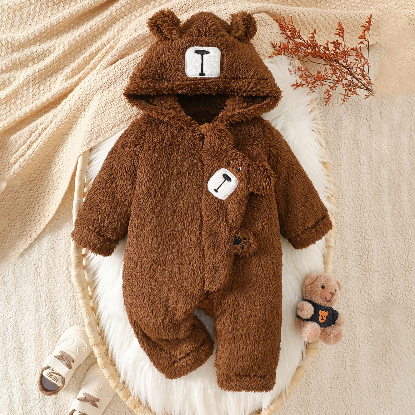 Lovely Fuzzy 3D Bear Printed Zipper Long Sleeve Baby Jumpsuit