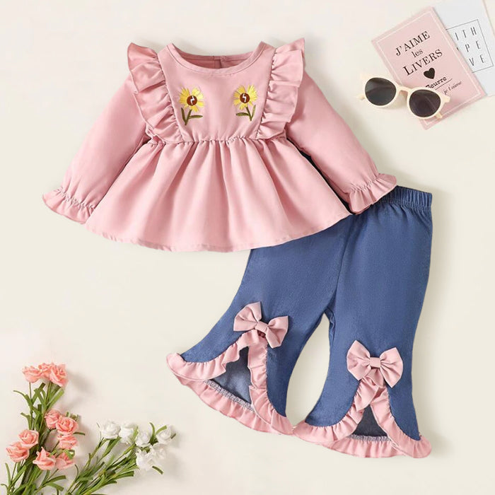 3PCS Pretty Embroidery Floral Printed Ruffled Flare Pants Baby Set