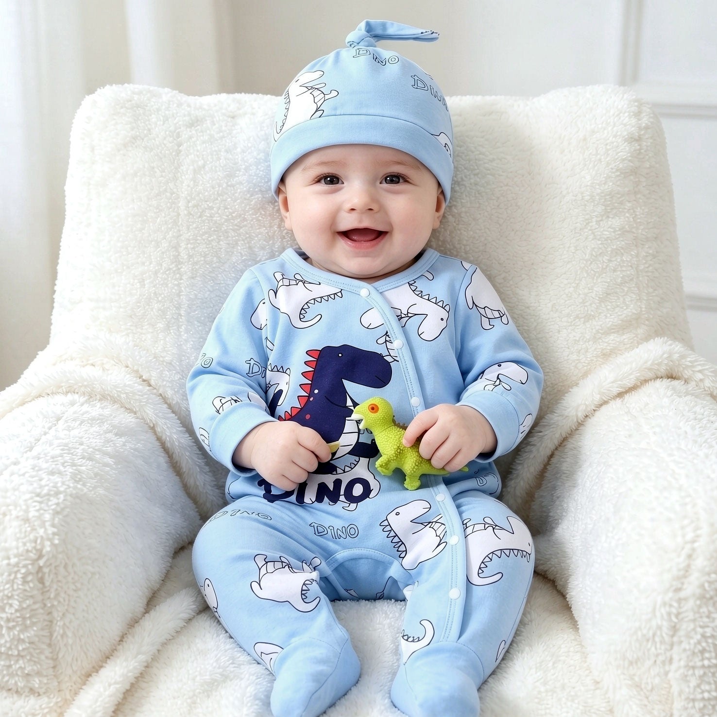 2PCS Stylish Dinosaur Printed Long Sleeve Baby Boy Jumpsuit