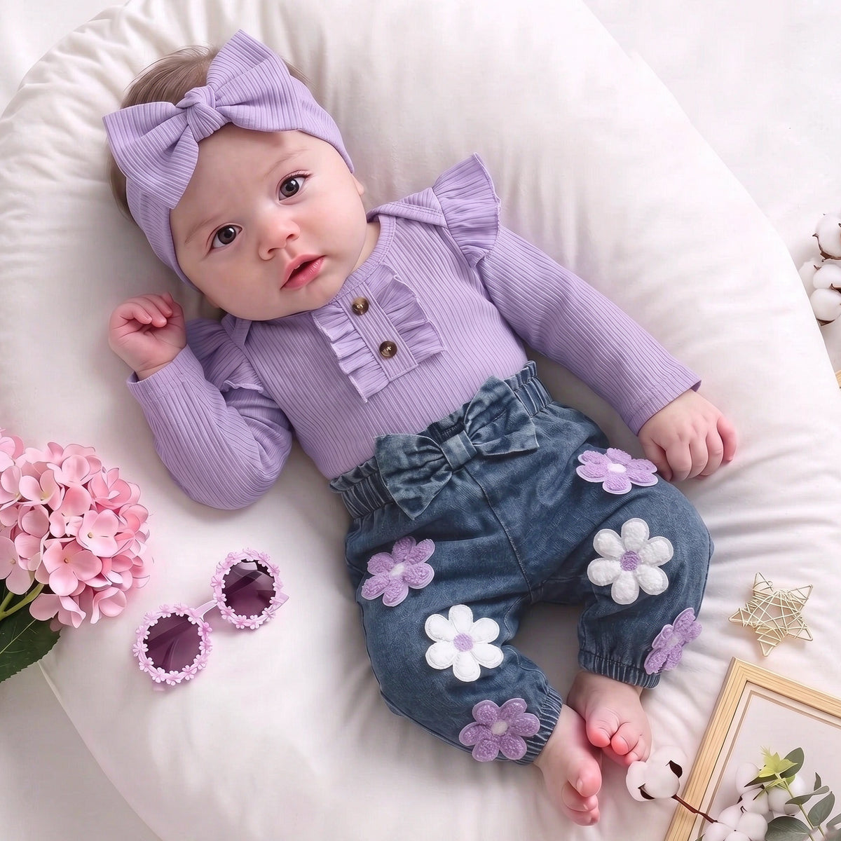 2PCS Pretty Floral Applique Long Sleeve Baby Girl Denim Set