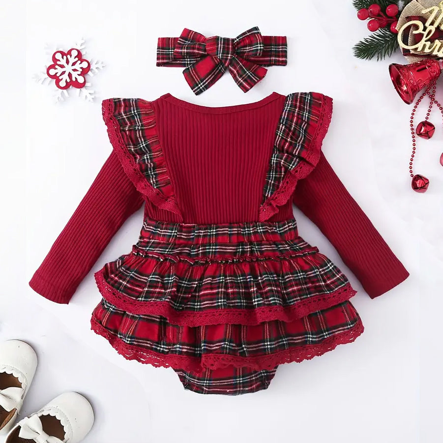 2PCS Christmas Plaid Printed Long Sleeve Baby Romper