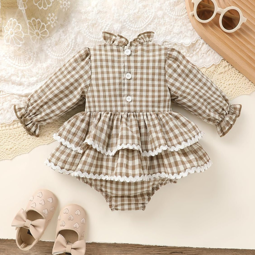 Vintage Plaid Printed Long Sleeve Baby Girl Romper