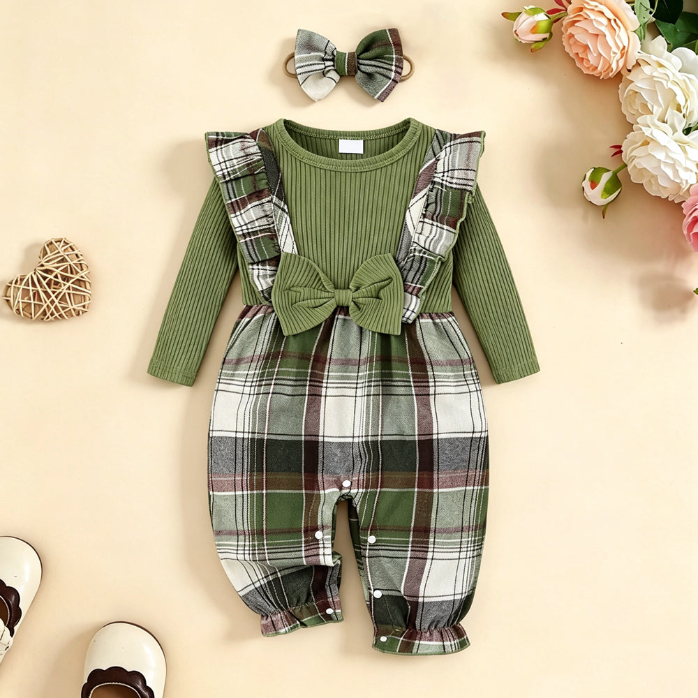2PCS Fresh Plaid Printed Ruffle Long Sleeve Baby Girl Jumpsuit