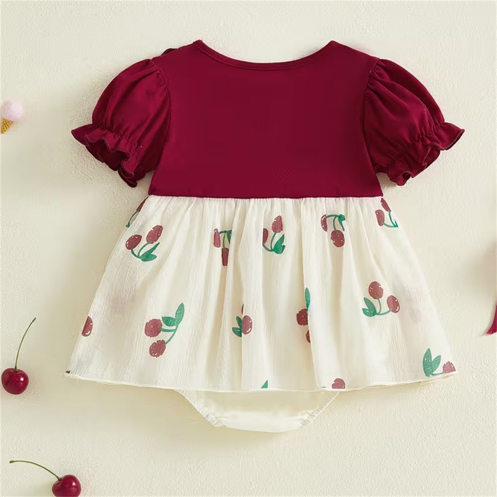 Casual Cherry Printed Bow Short Sleeve Baby Romper