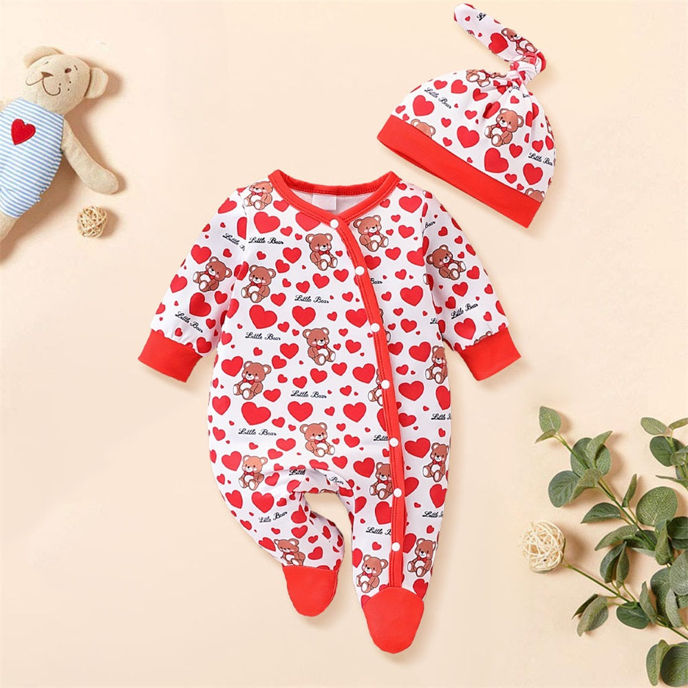 2PCS Little Bear Heart Print Long Sleeve Baby Jumpsuit