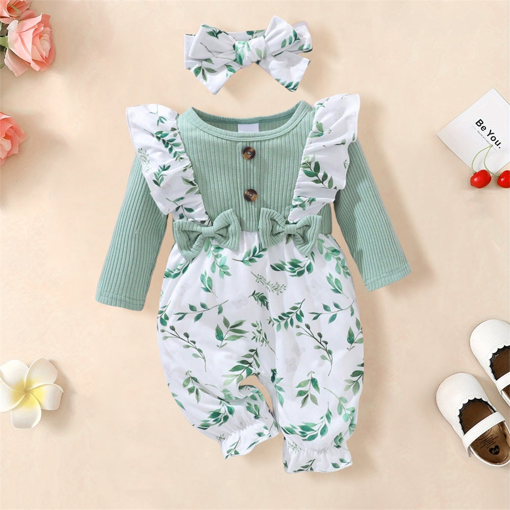 2PCS Leaf Allover Print Long Sleeve Baby Jumpsuit