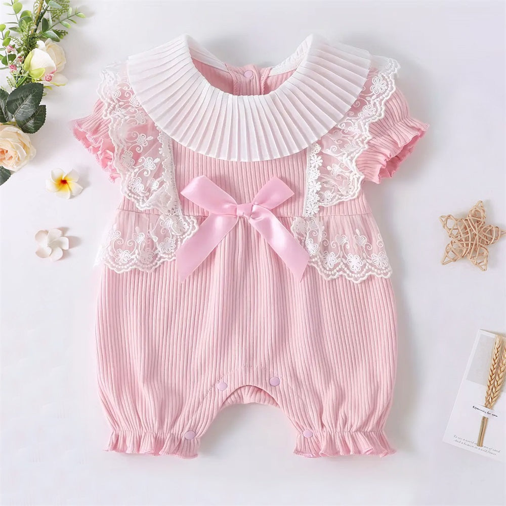 Sweet Solid Color Short Sleeve Lace Trim Baby Jumpsuit