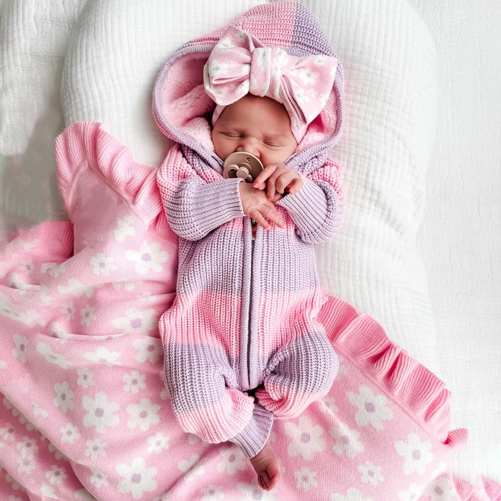 Soft Color-blocking Knit Long Sleeve Hoodie Zipper Baby Jumpsuit