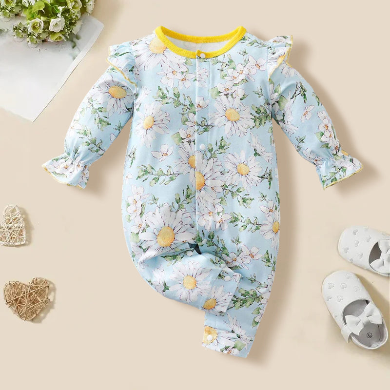 Elegant Floral Printed Ruffle Trim Long Sleeve Baby Jumpsuit