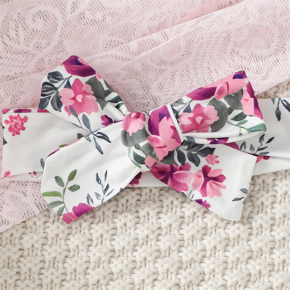 2PCS Exquisite Floral Printed Bow Long Sleeve Baby Girl Jumpsuit