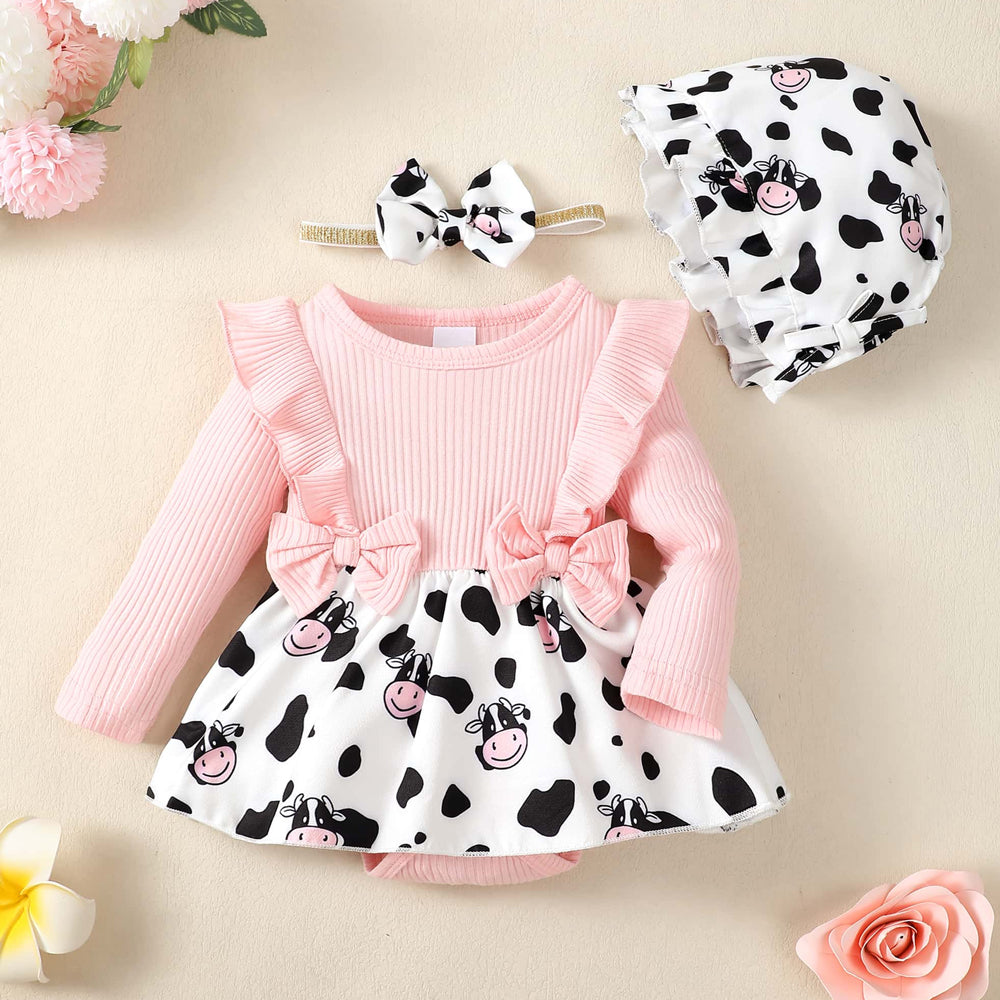 3PCS Cute Cow Print Baby Romper With Hat