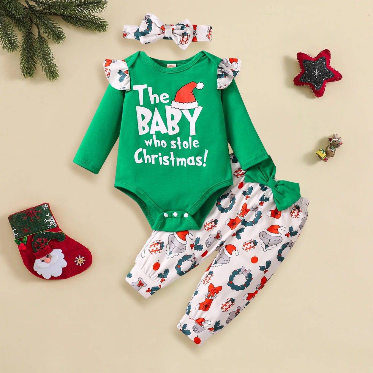 3PCS The Baby Who Stole Christmas Letter Christmas Printed Baby Set