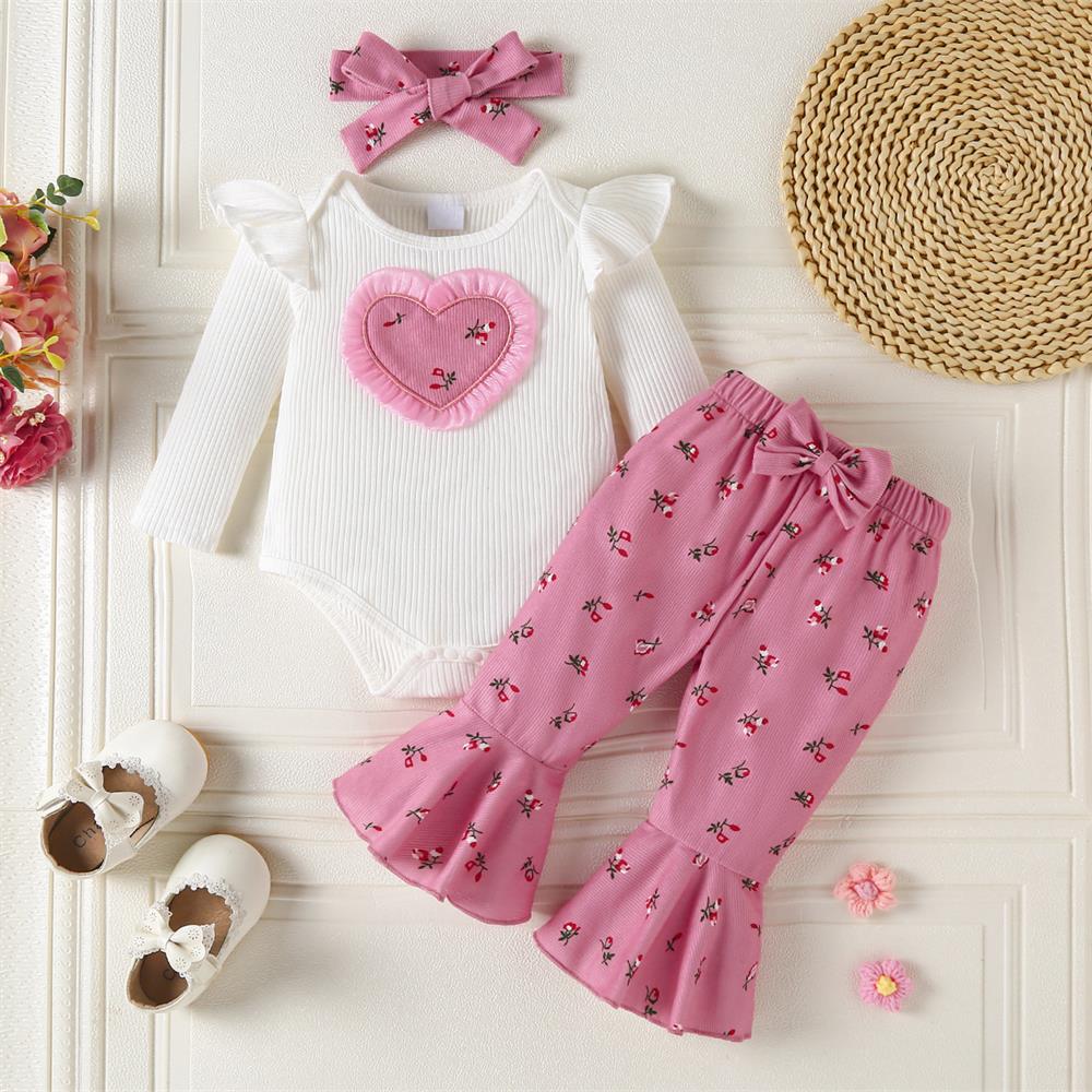 3PCS Sweet Floral Heart Printed Long Sleeve Baby Set