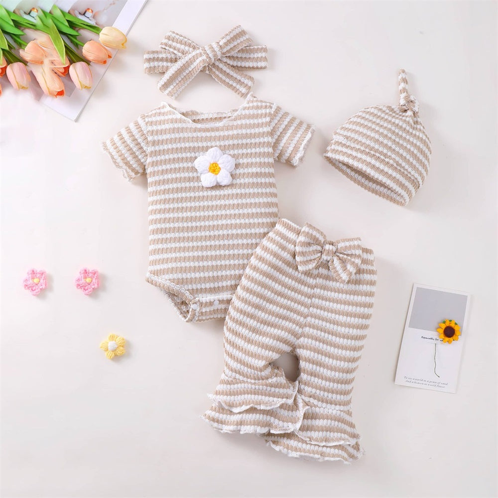 4PCS Floral Embroidery Striped Short Sleeve Baby Set