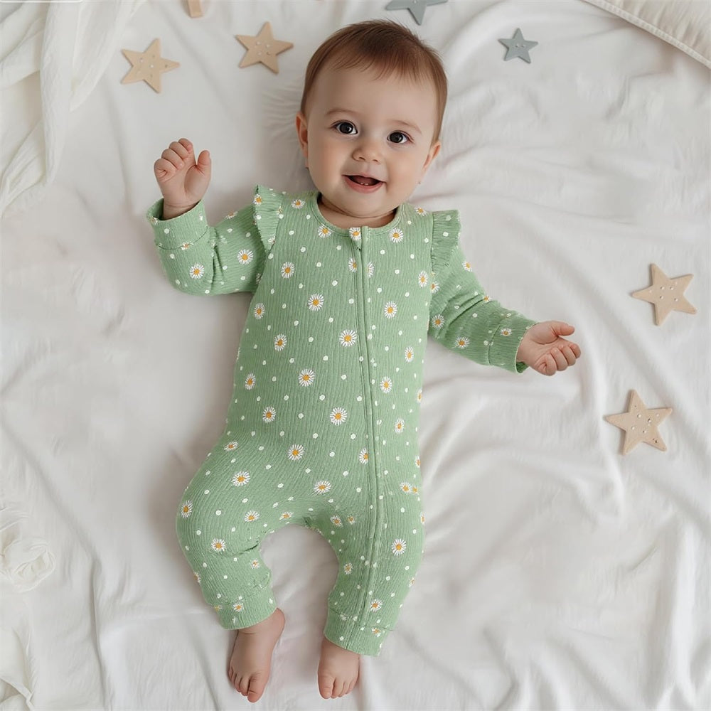 Casual Daisy Print Long Sleeve Zipper Baby Jumpsuit