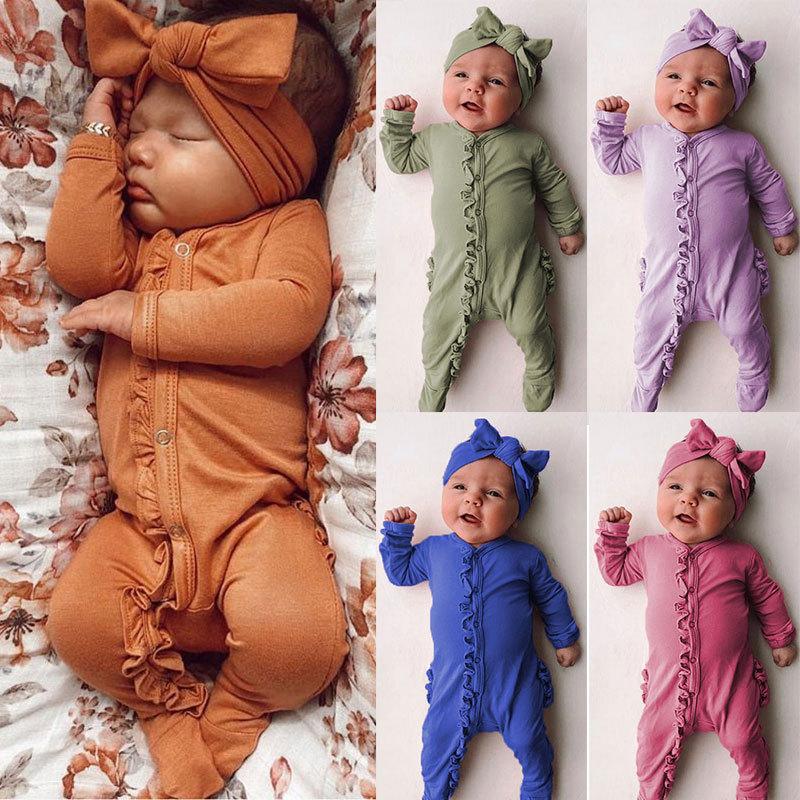 Sweet Solid Printed Fold Edge Long-sleeve Baby Jumpsuit With Headband