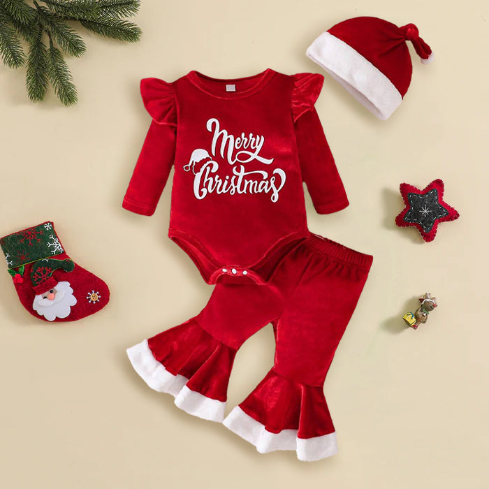 3PCS Merry Christmas Letter Printed Flare Pants Baby Set