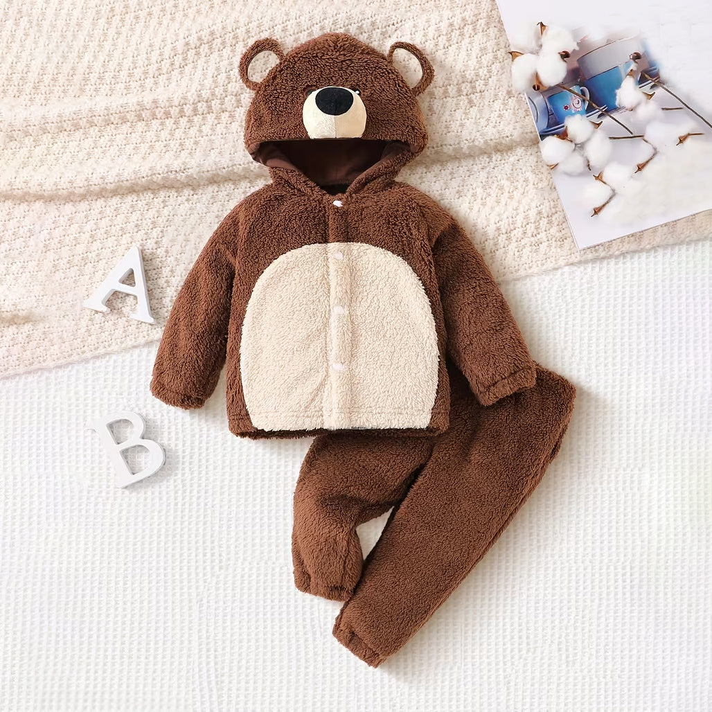 2PCS Cute 3D Bear Print Baby Fuzzy Hooded Set