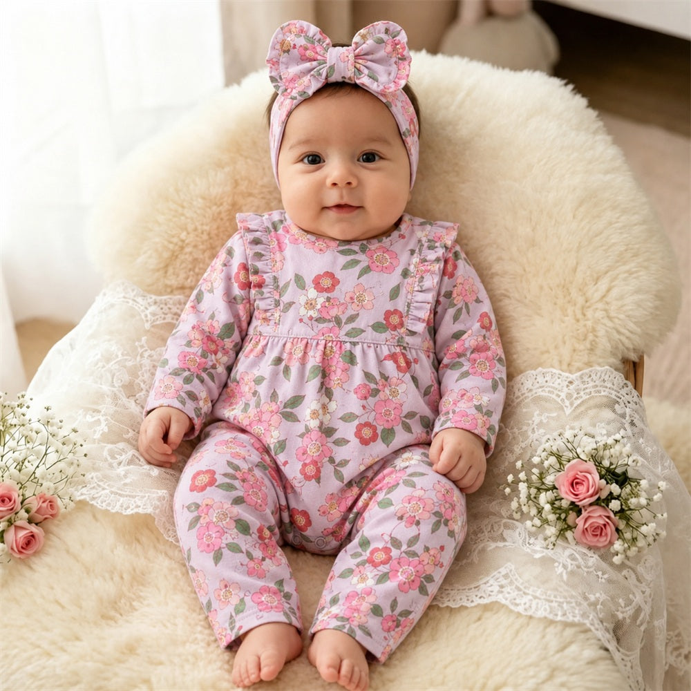 2PCS Refined Floral Printed Ruffle Long Sleeve Baby Girl Jumpsuit
