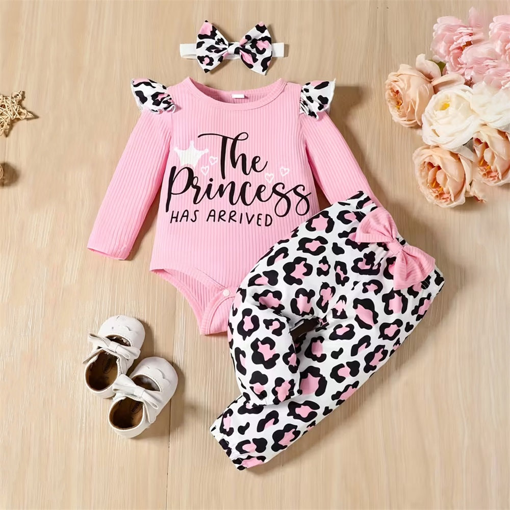 3PCS Princess Has Arrived Letter Printed Leopard Long Sleeve Baby Set