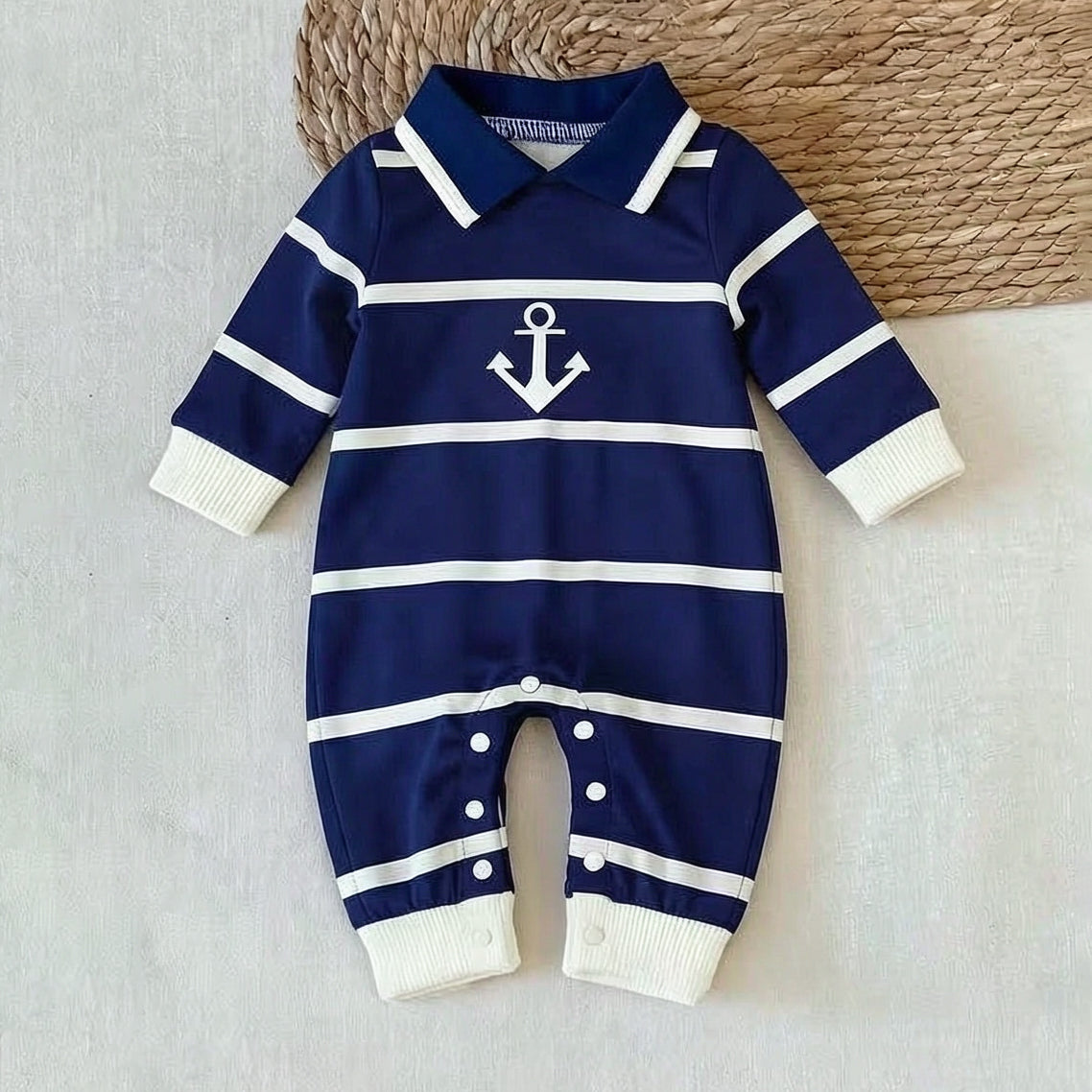 Casual Anchor Stripe Print Long Sleeve Baby Boy Jumpsuit