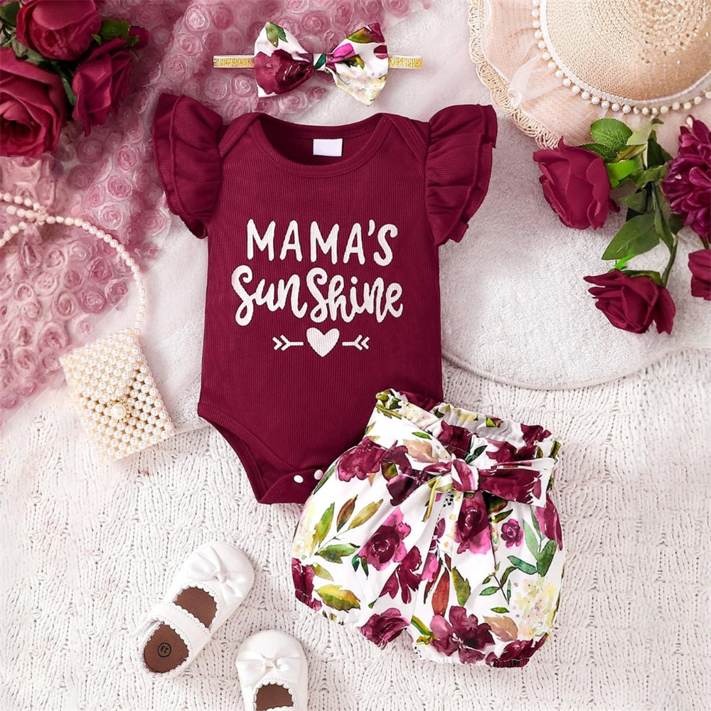 3PCS Mama's Sunshine Letter Floral Printed Fly Sleeve Baby Set