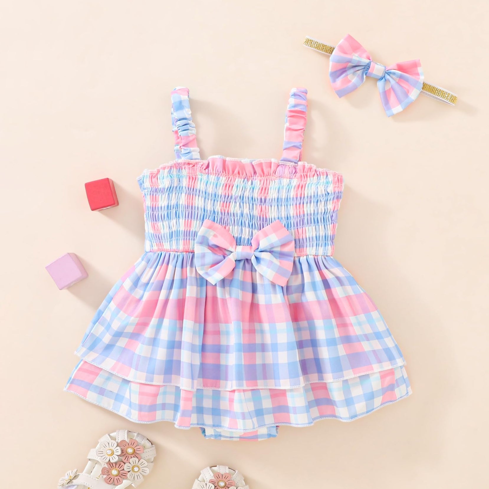 2PCS Blue and Pink Plaid Printed Strap Baby Romper