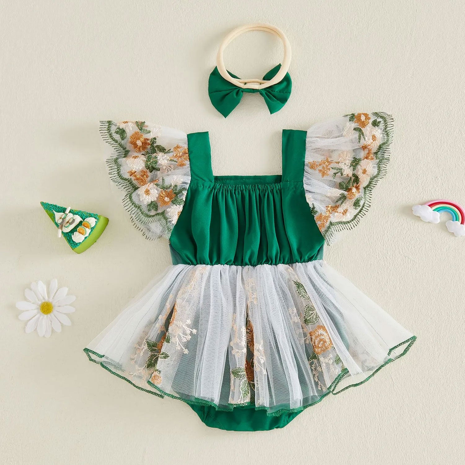 2PCS Grace Floral Embroidery Flutter Sleeve Baby Romper