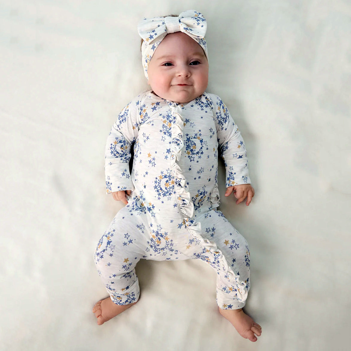 2PCS All-Over Star & Moon Print Long Sleeve Zipper Baby Jumpsuit
