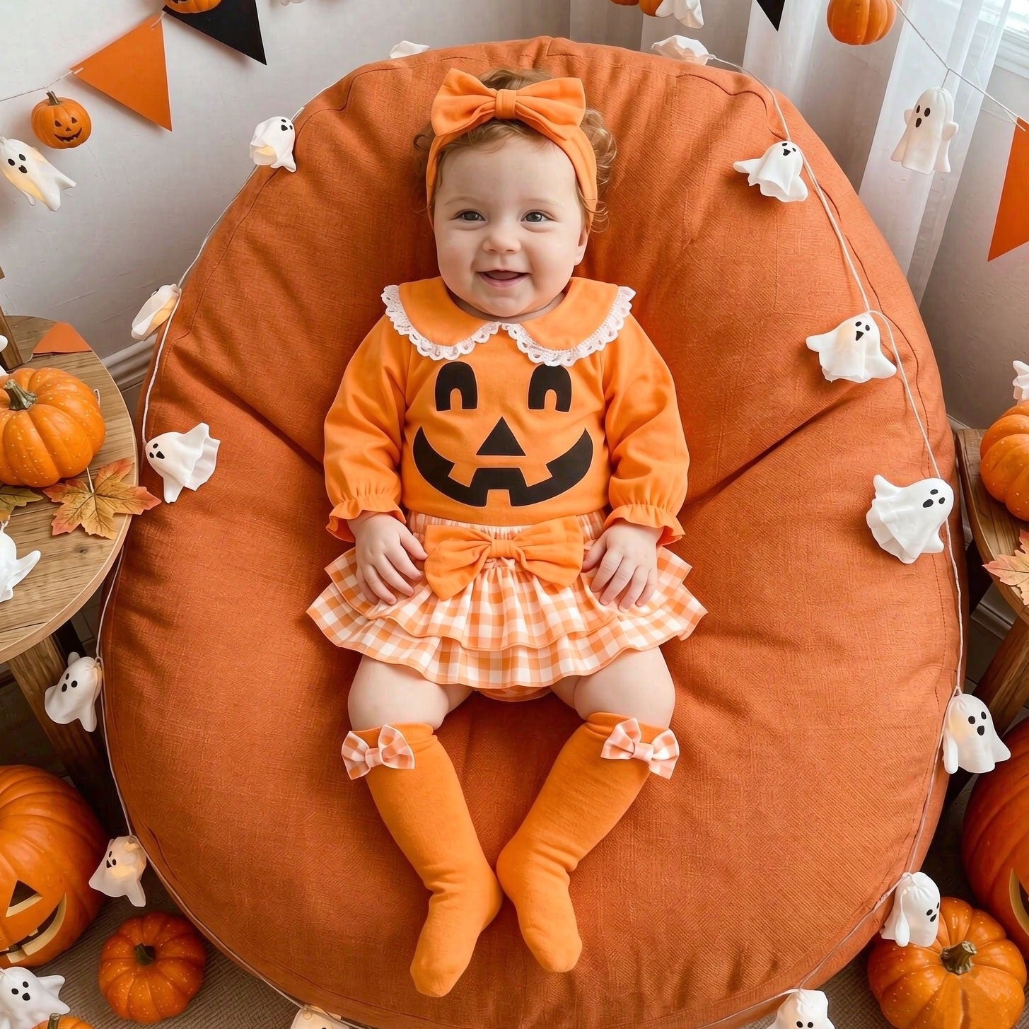4PCS Lovely Halloween Plaid Printed Long Sleeve Baby Set