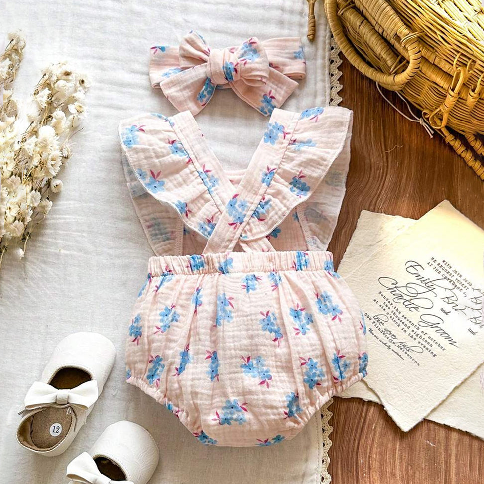 2PCS Gorgeous Floral Print Flounce Sleeve Baby Romper