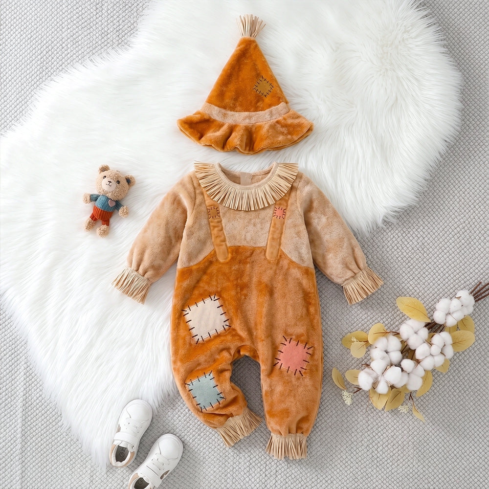 2PCS Vintage Scarecrow Style Plush Long Sleeve Baby Jumpsuit