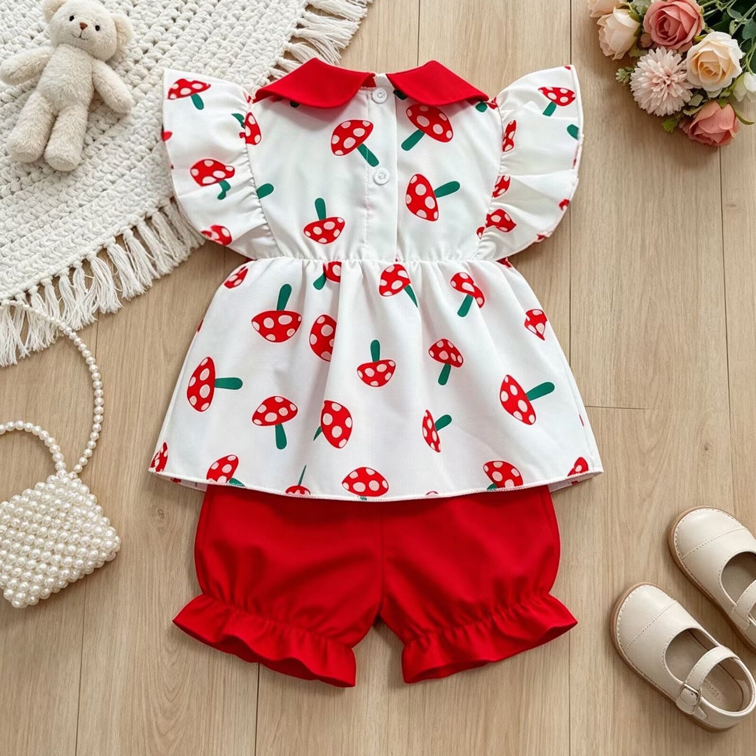 2PCS Cute Mushroom Print Flutter Sleeve Baby Girl Set