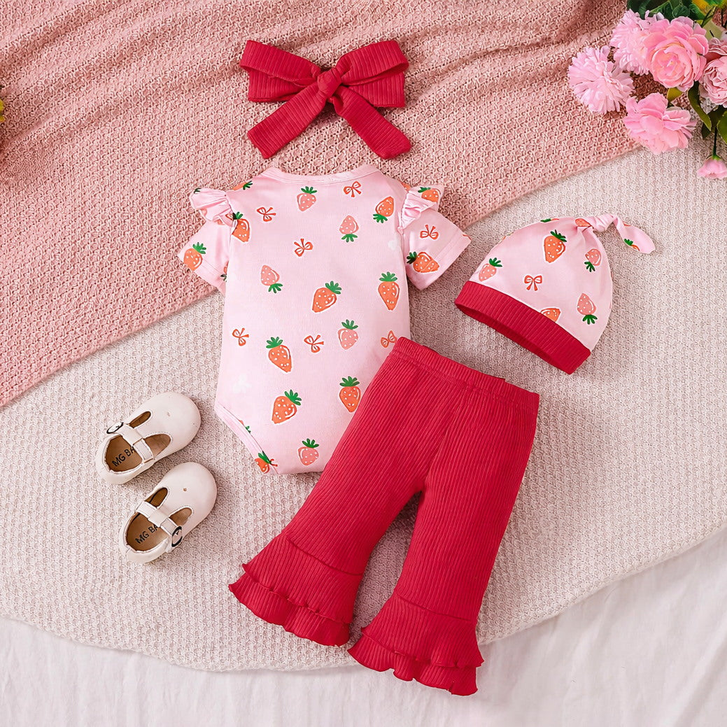 4PCS Sweet Strawberry Print Short Sleeve Baby Girl Set