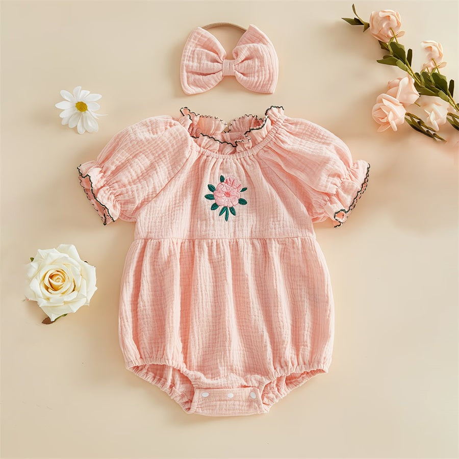 2PCS Lovely Floral Embroidery Short Sleeve Baby Romper