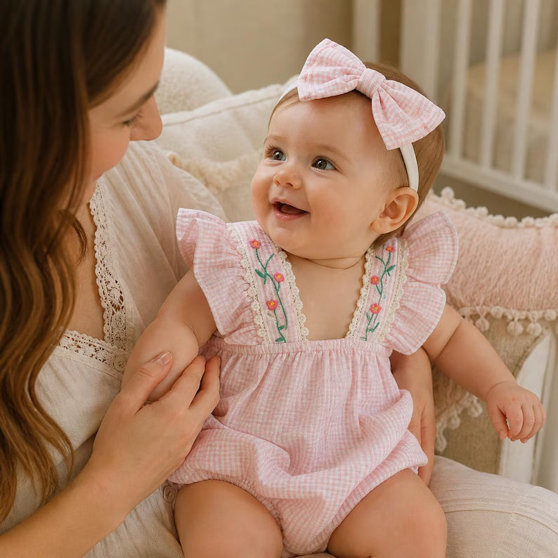 2PCS Lovely Floral Embroidery Flutter Sleeve Baby Romper