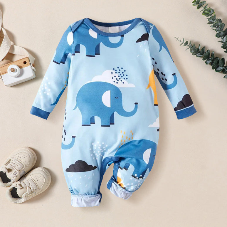 Adorable Elephant Printed Long Sleeve Baby Jumpsuit