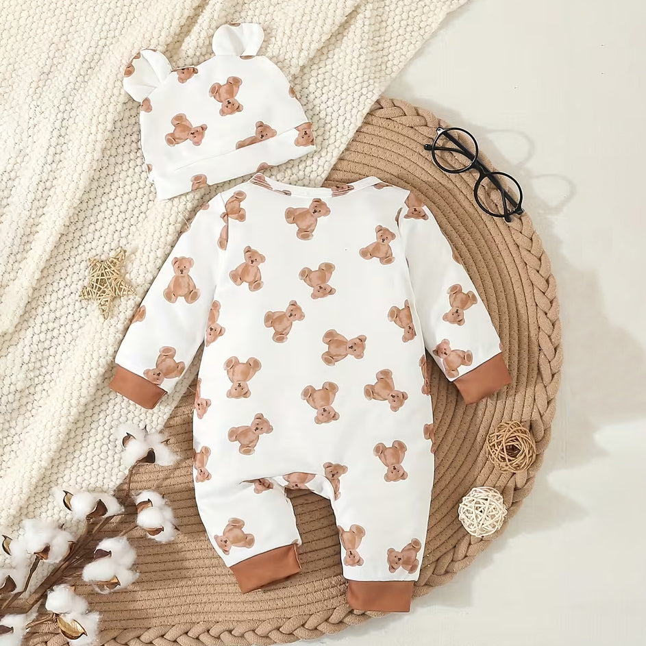 2PCS Delightful Teddy Bear Print Long Sleeve Baby Jumpsuit