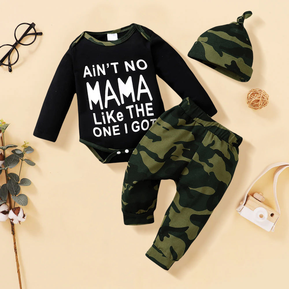 3PCS Ain't No Mama Like The One I Got Letter Camouflage Print Baby Set