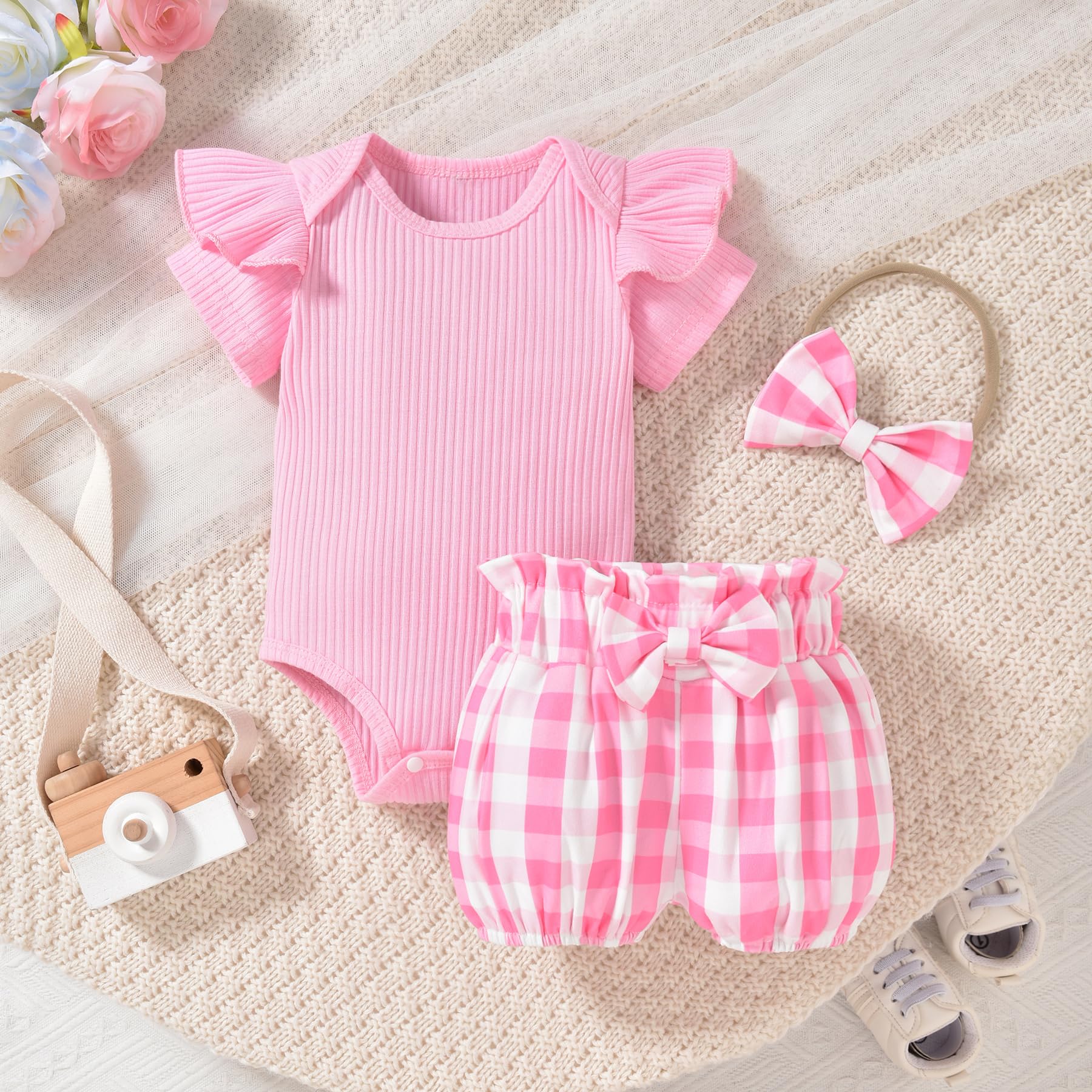 3PCS Sweet Solid Color Romper Plaid Printed Shorts Baby Set