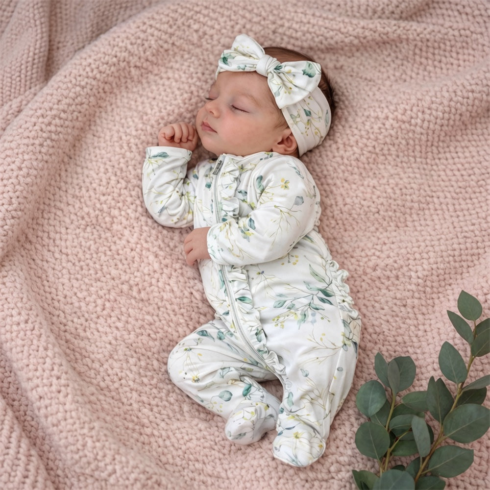 2PCS Refined Floral Printed Ruffle Decor Zipper Baby Jumpsuit