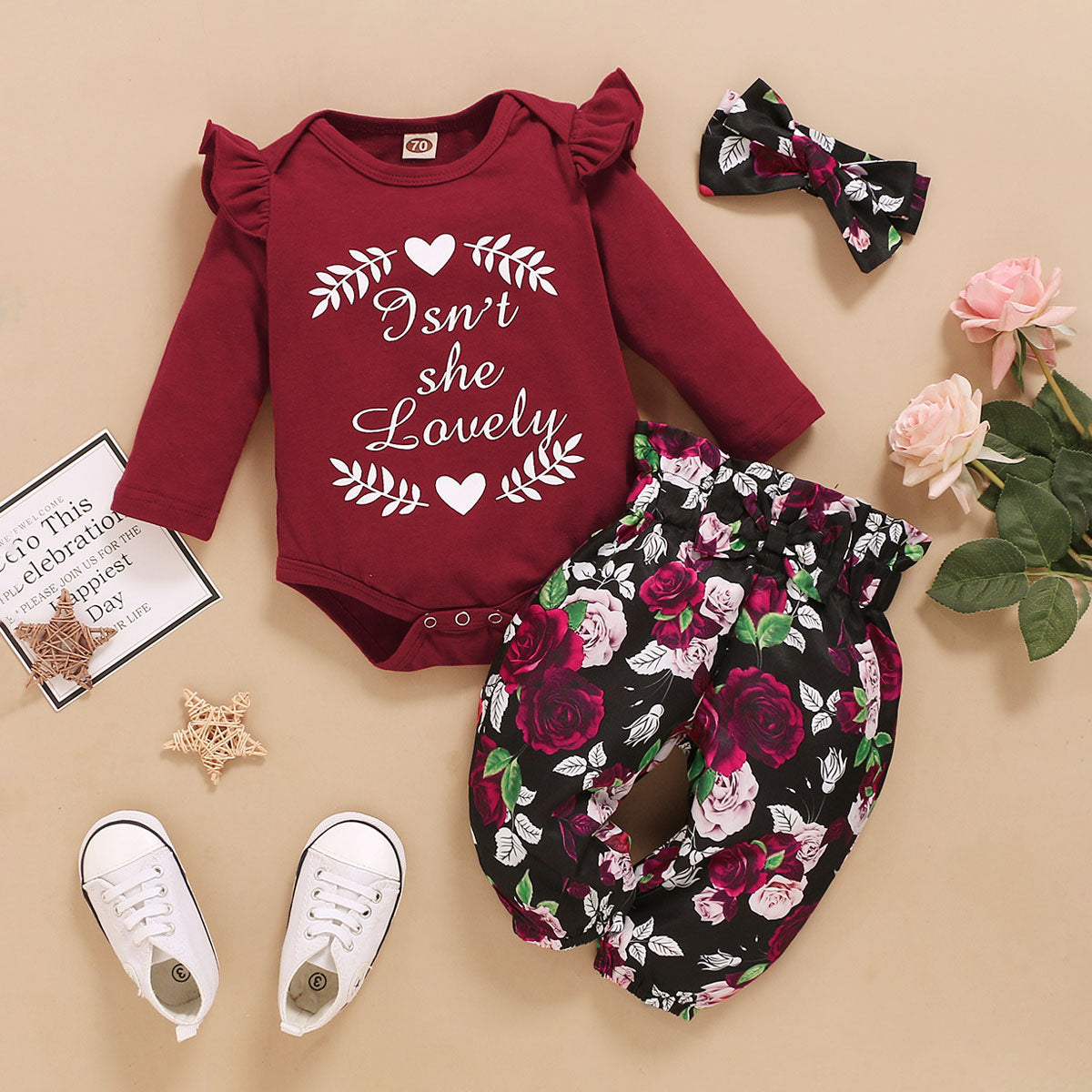3PCS Isn't She Lovely Letter Floral Printed Baby Girl Set