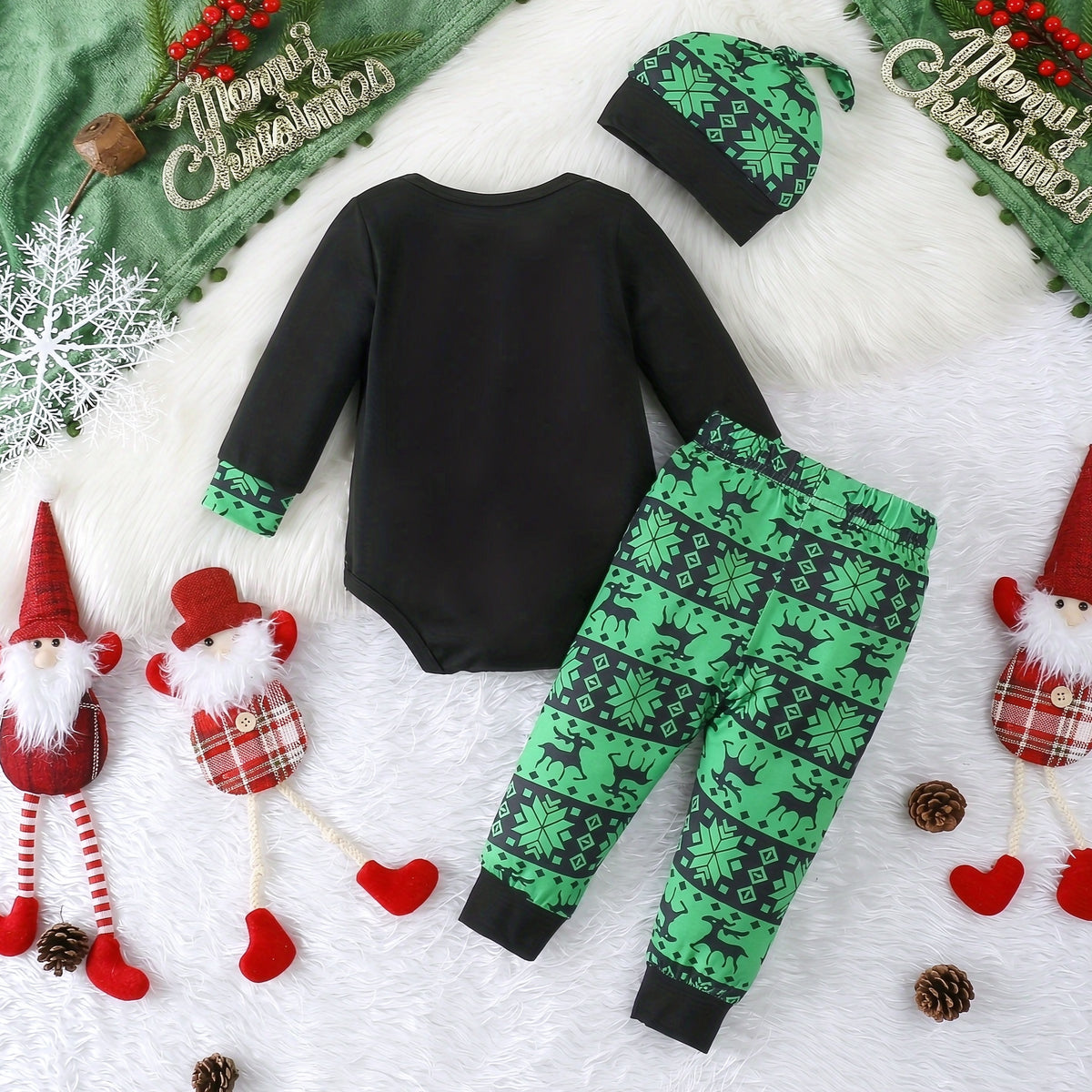 3PCS Merry Xmax Letter Reindeer Printed Long Sleeve Baby Set