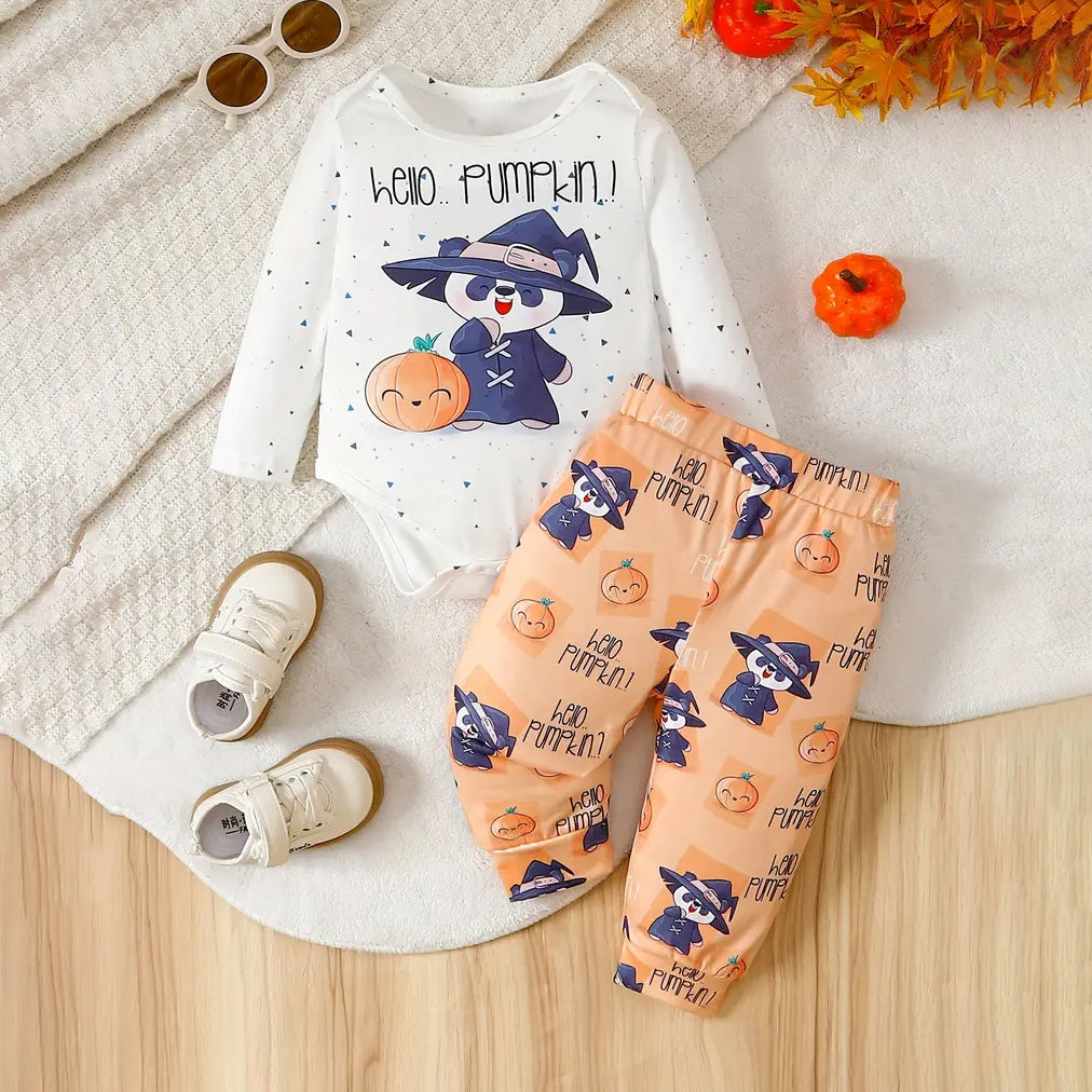 2PCS Hello Pumpkin Letter Halloween Panda and Pumpkin Printed Baby Set