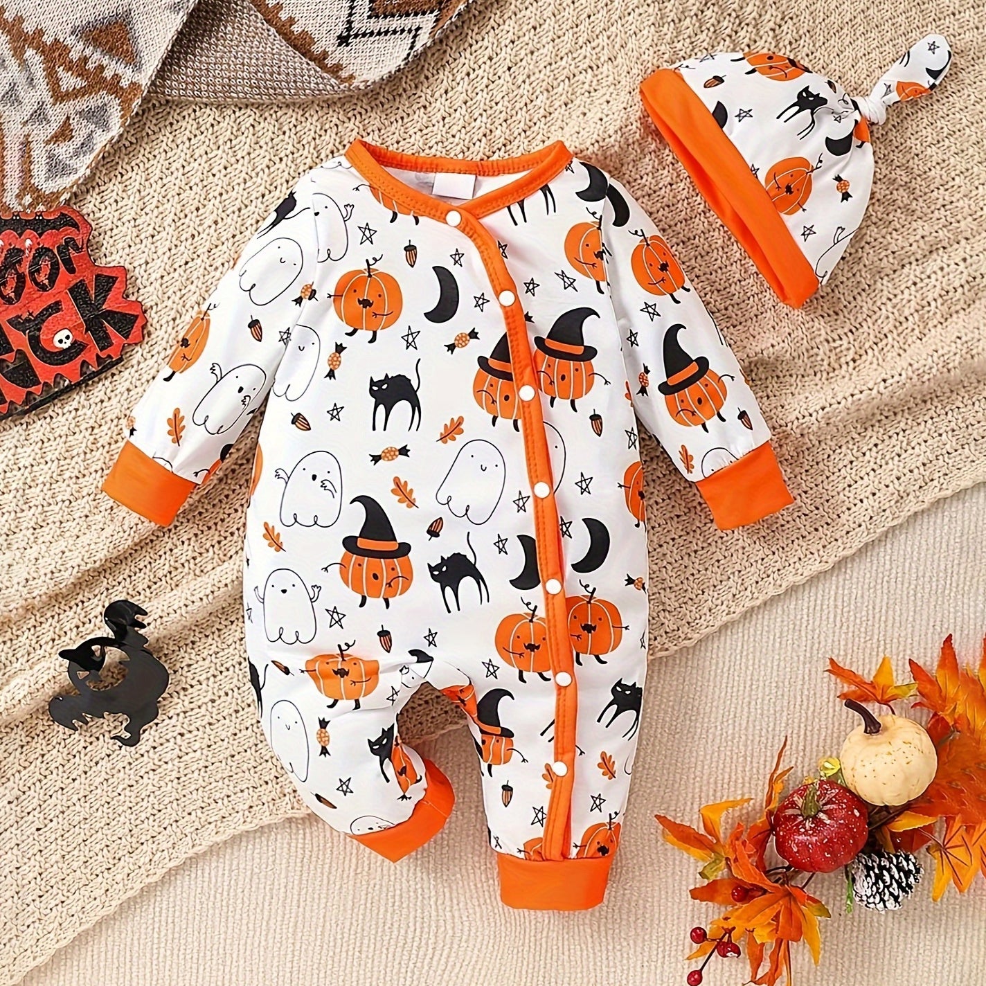 2PCS Cute Halloween Pumpkin Ghost Printed Baby Jumpsuit