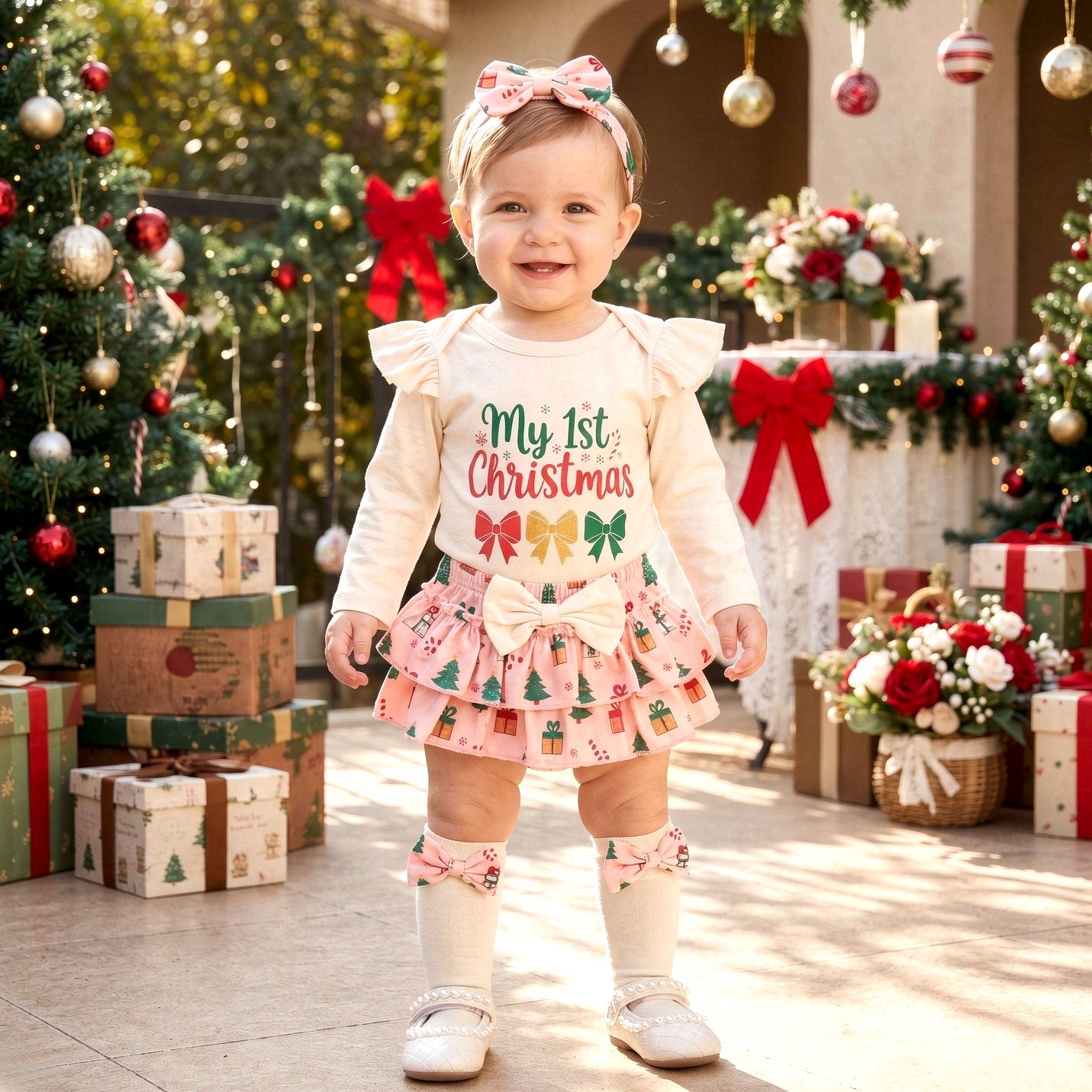 4PCS My 1st Christmas Letter Bow Print Long Sleeve Baby Set
