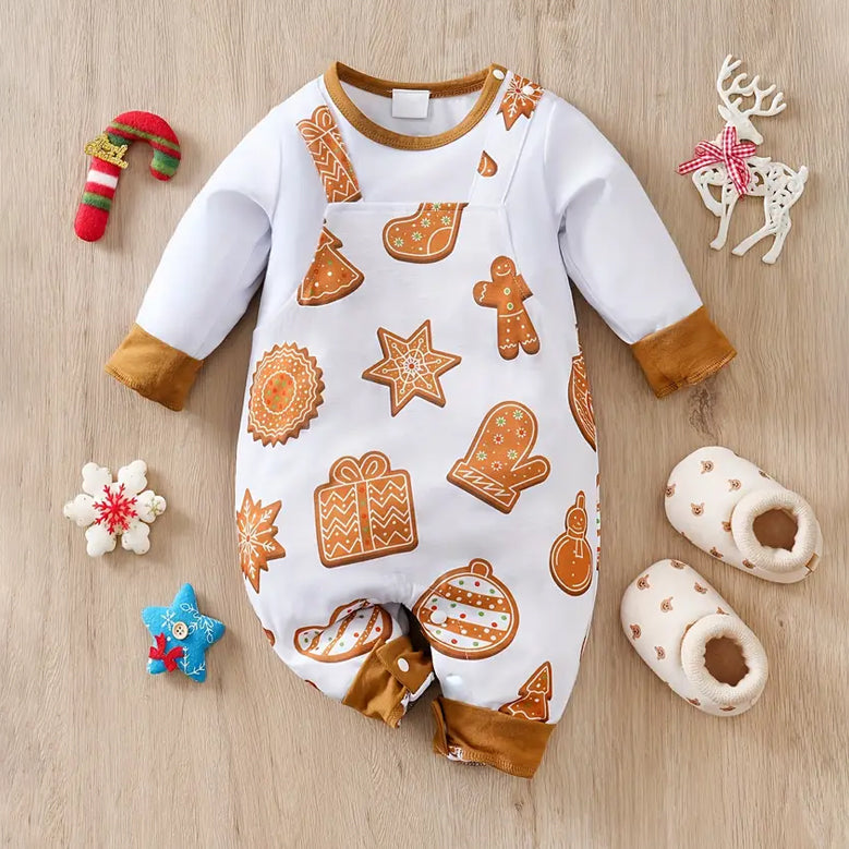 Lovely Christmas Gingerbread Printed Long Sleeve Baby Jumpsuit