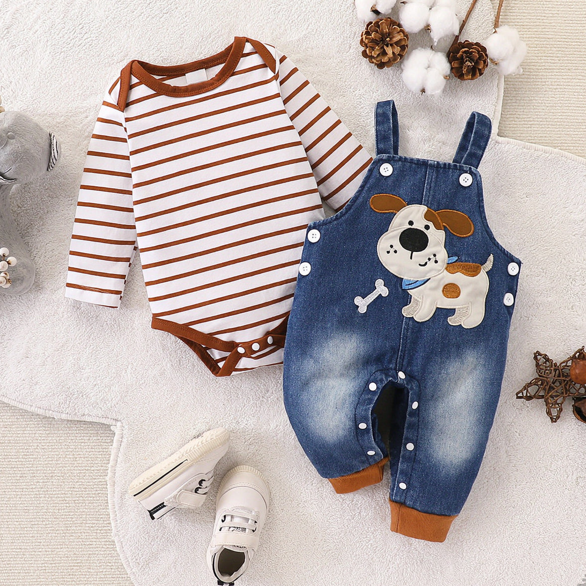 2PCS Cute Dog Stripe Print Long Sleeve Baby Denim Overalls Set